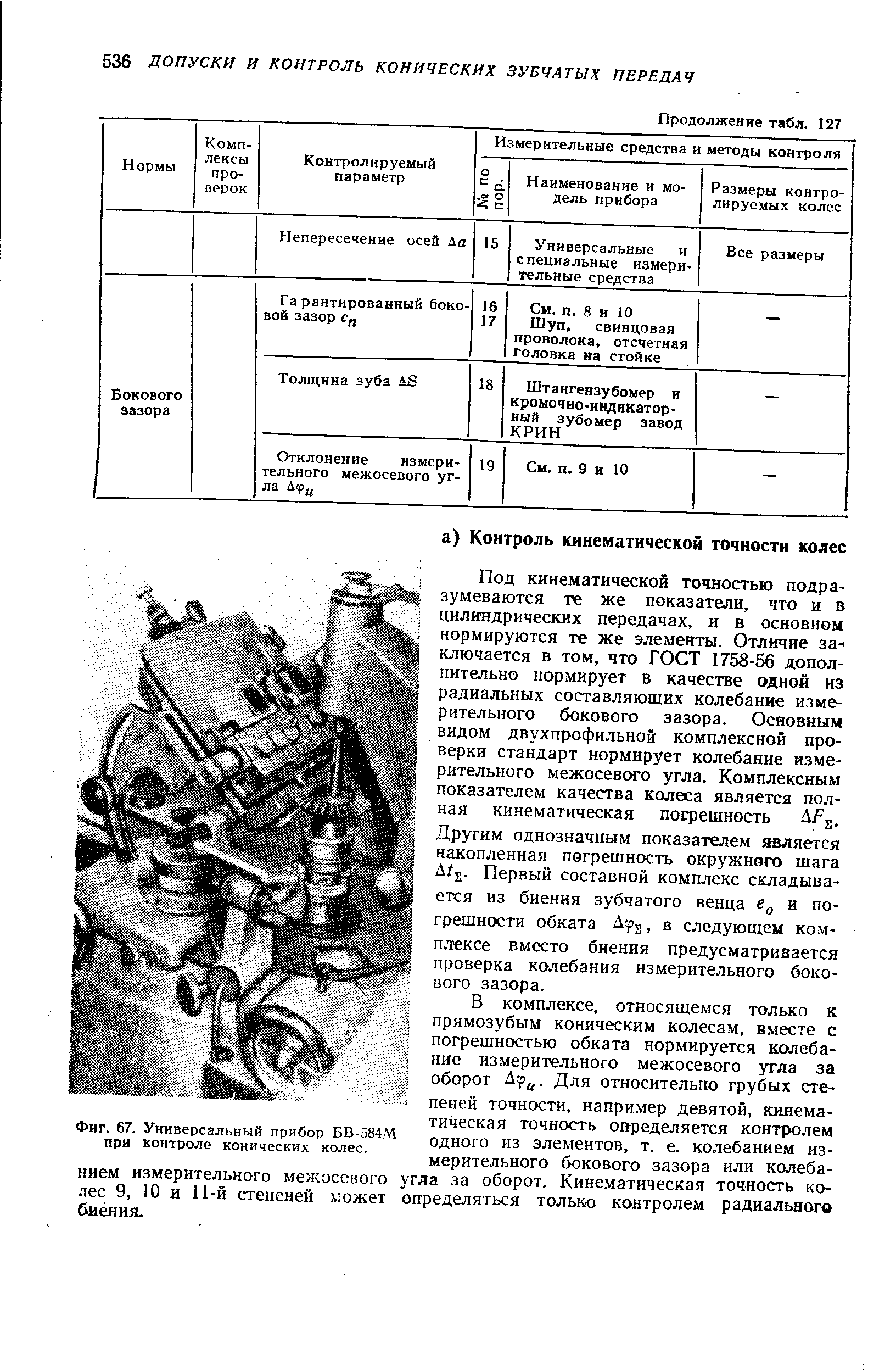 В комплексе, относящемся только к прямозубым коническим колесам, вместе с погрешностью обката нормируется колебание измерительного межосевого угла за оборот Дуц. Для относительно грубых степеней точности, например девятой, кинематическая точность определяется контролем одного из элементов, т. е. колебанием измерительного бокового зазора или колебанием измерительного межосевого угла за оборот. Кине.чатическая точность колес 9, 10 н 11-й степеней может определяться только контролем радиальнога биения.
