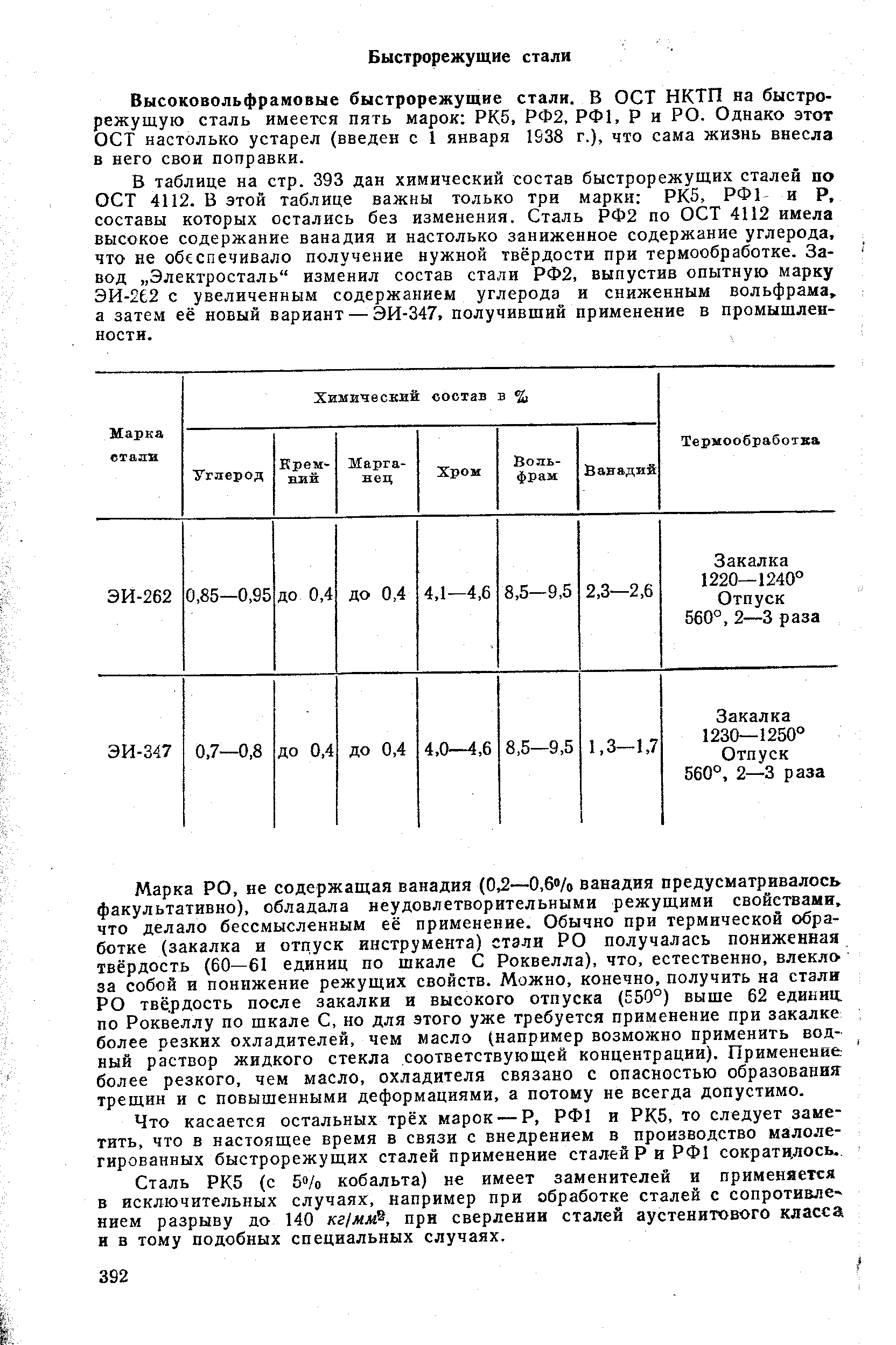 Высоковольфрамовые быстрорежущие стали. В ОСТ НКТП на быстрорежущую сталь имеется пять марок РК5, РФ2, РФ1, Р и РО. Однако этот ОСТ настолько устарел (введен с 1 января 1938 г.), что сама жизнь внесла в него свои поправки.
