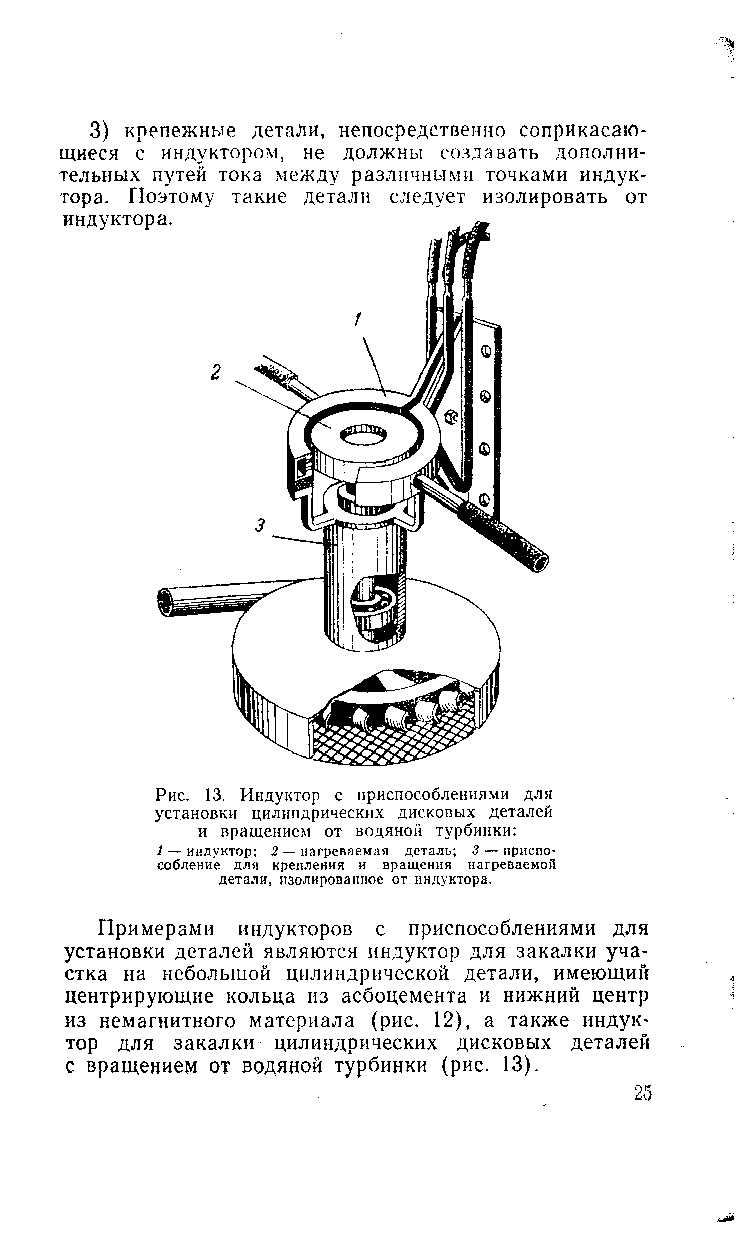 Рис. 13. Индуктор с приспособлениями для установки цилиндрических дисковых деталей и вращением от водяной турбинки 
