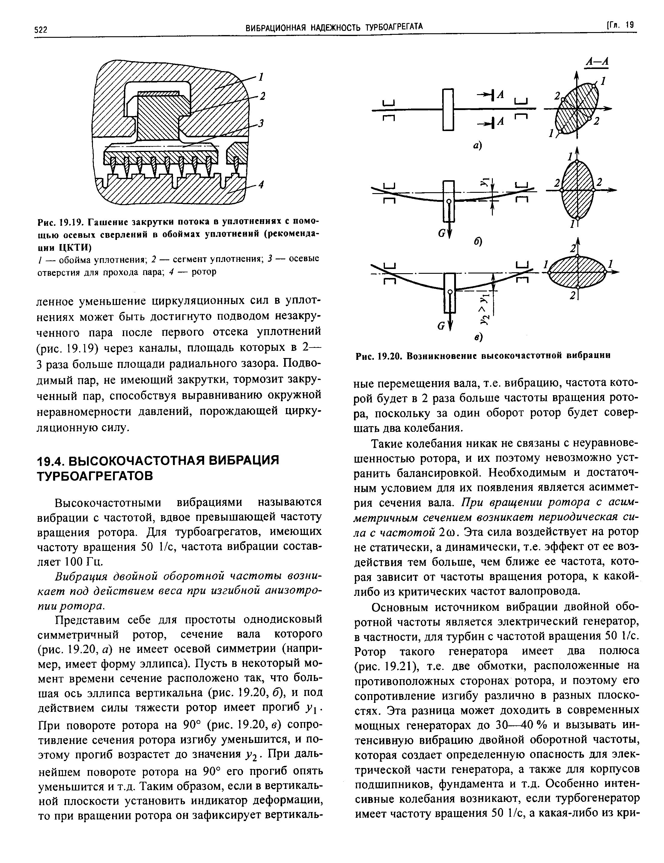 Высокочастотными вибрациями называются вибрации с частотой, вдвое превышающей частоту вращения ротора. Для турбоагрегатов, имеющих частоту вращения 50 1/с, частота вибрации составляет 100 Гц.
