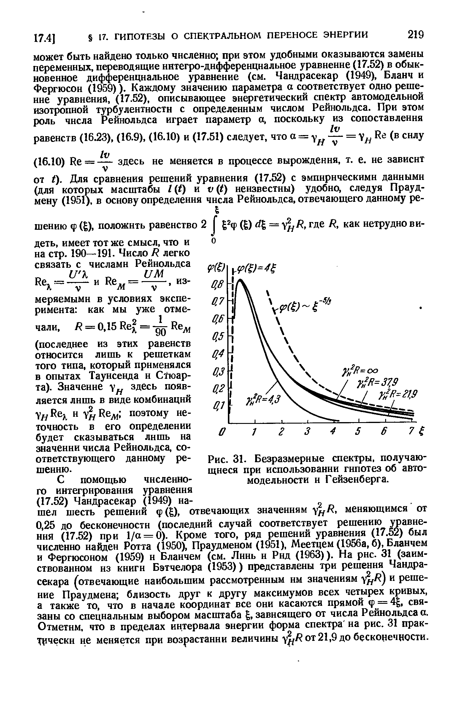 Рис. 31. Безразмерные спектры, получающиеся при использовании гипотез об автомодельности и Гейзенберга.
