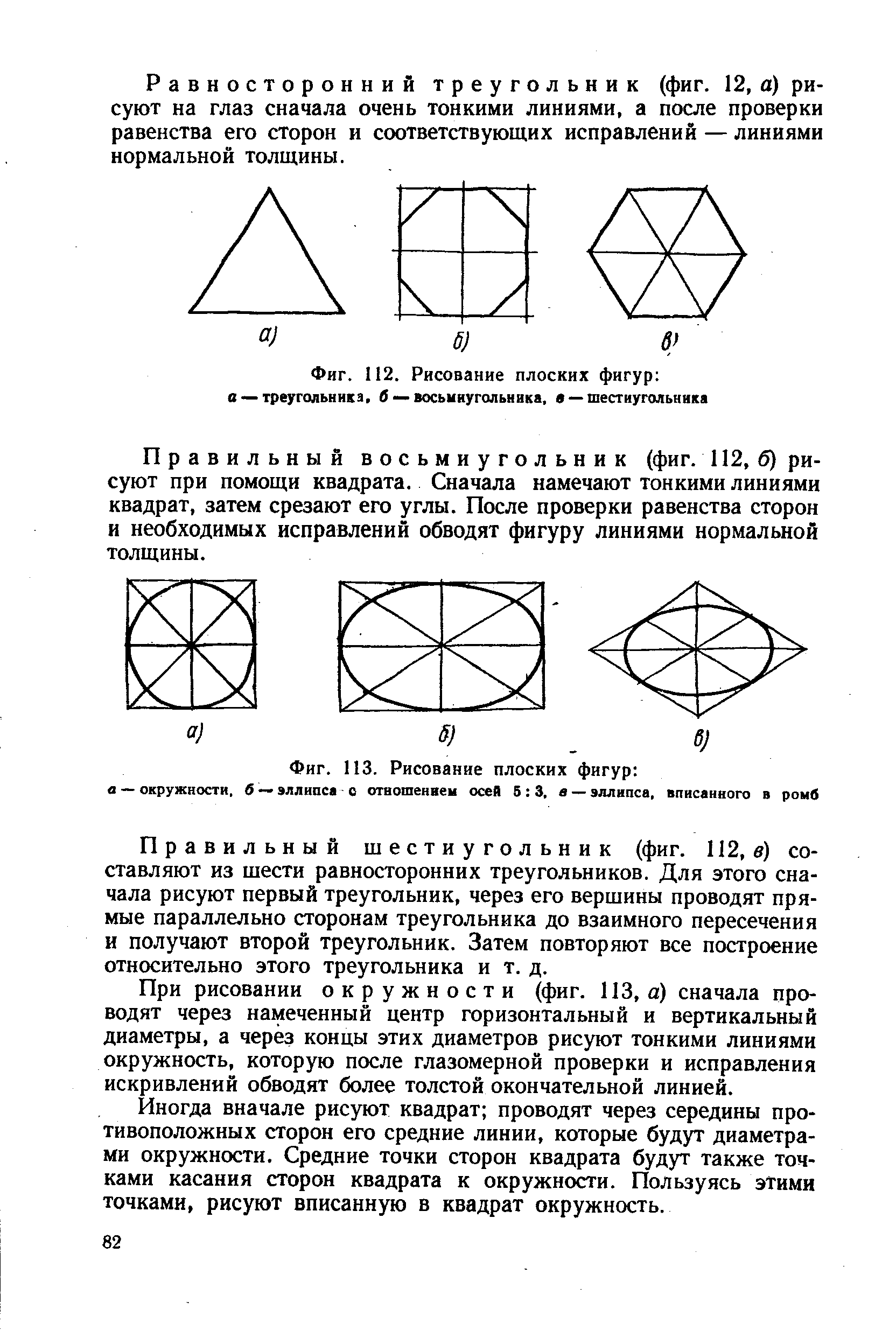 Фиг. 112. Рисование плоских фигур а — треугольника, б — восьмиугольника, в — шестиугольника
