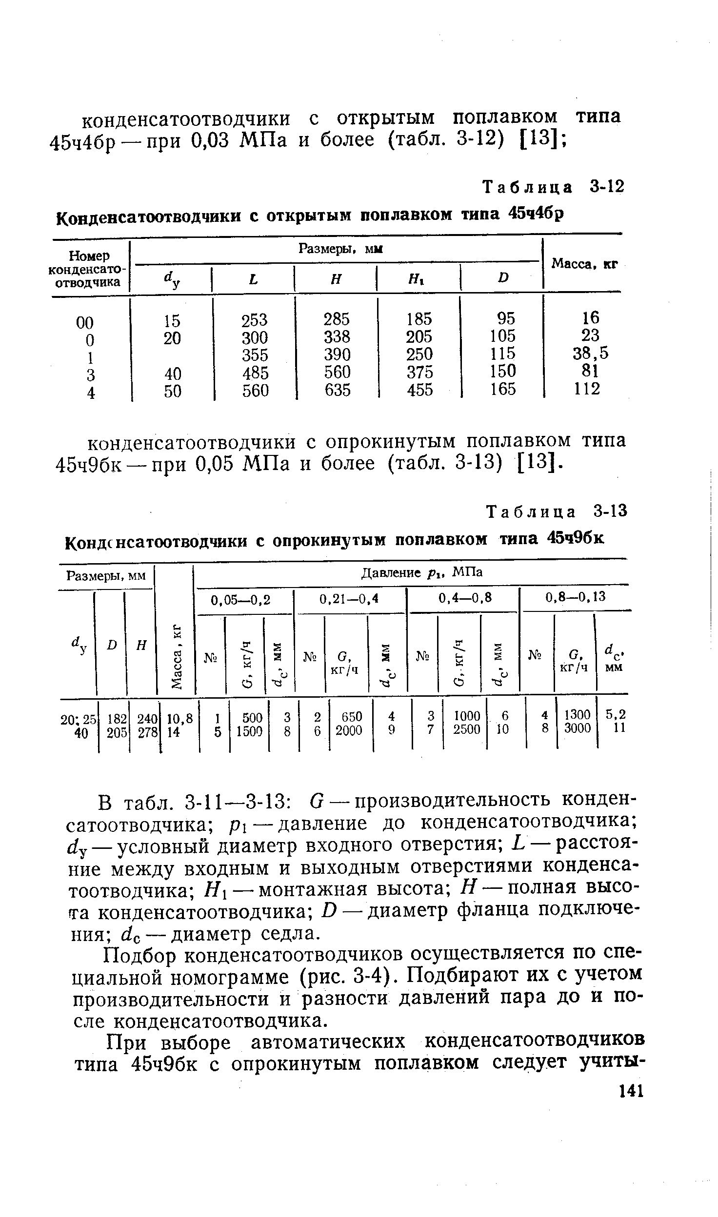 Таблица 3-13 Конденсатоотводчики с опрокинутым поплавком типа 45ч9бк
