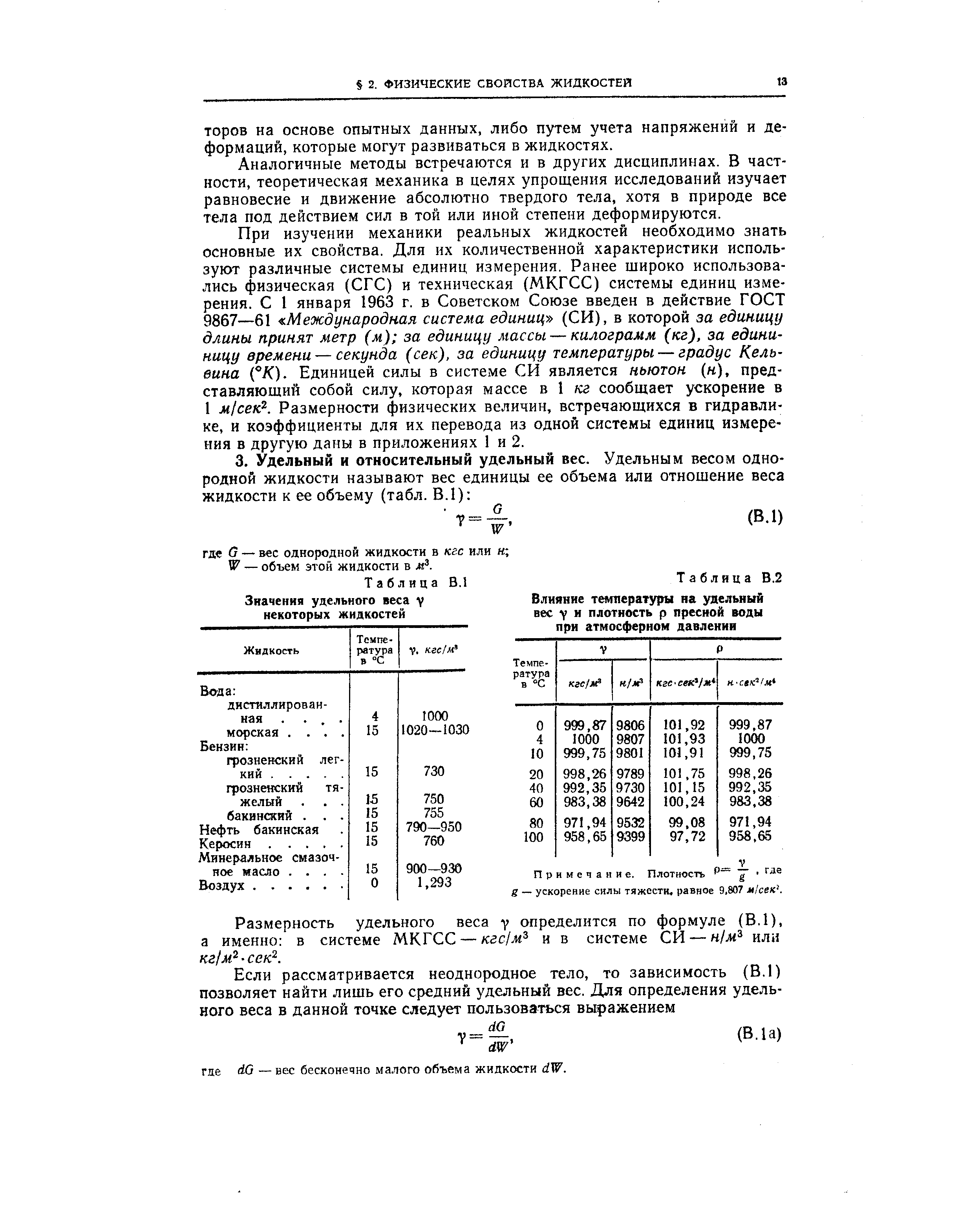 Примечание. Плотность g г — ускорение силы тяжести, равное 9,807 л/сек. 
