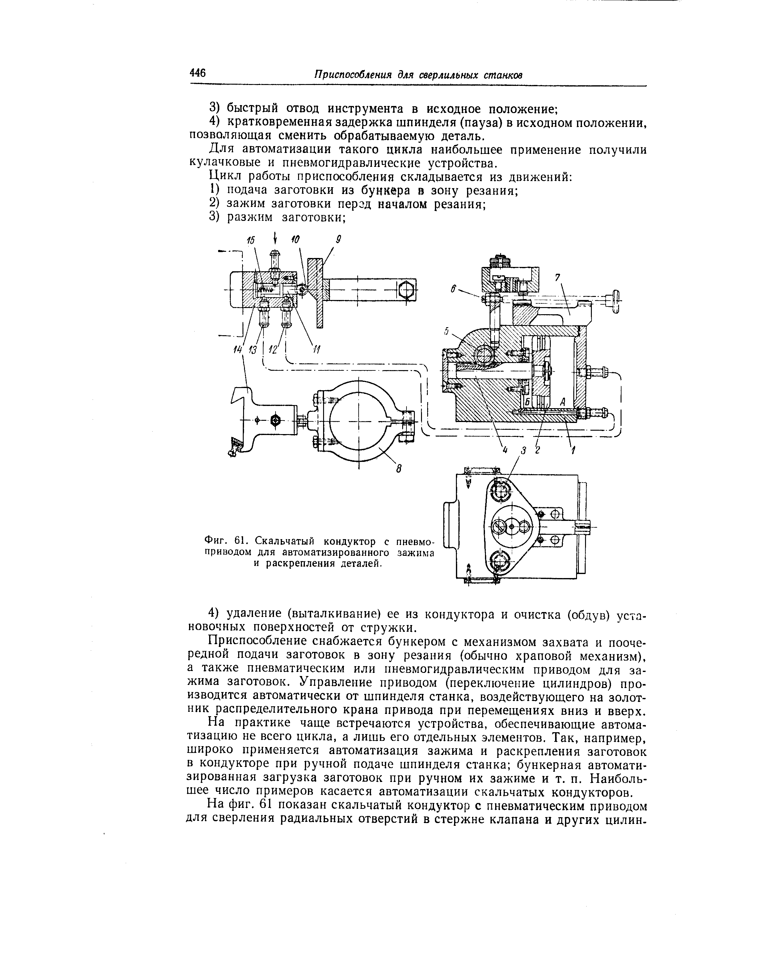 Фиг. 61. <a href="/info/179685">Скальчатый кондуктор</a> с пневмоприводом для автоматизированного зажима и раскрепления деталей.
