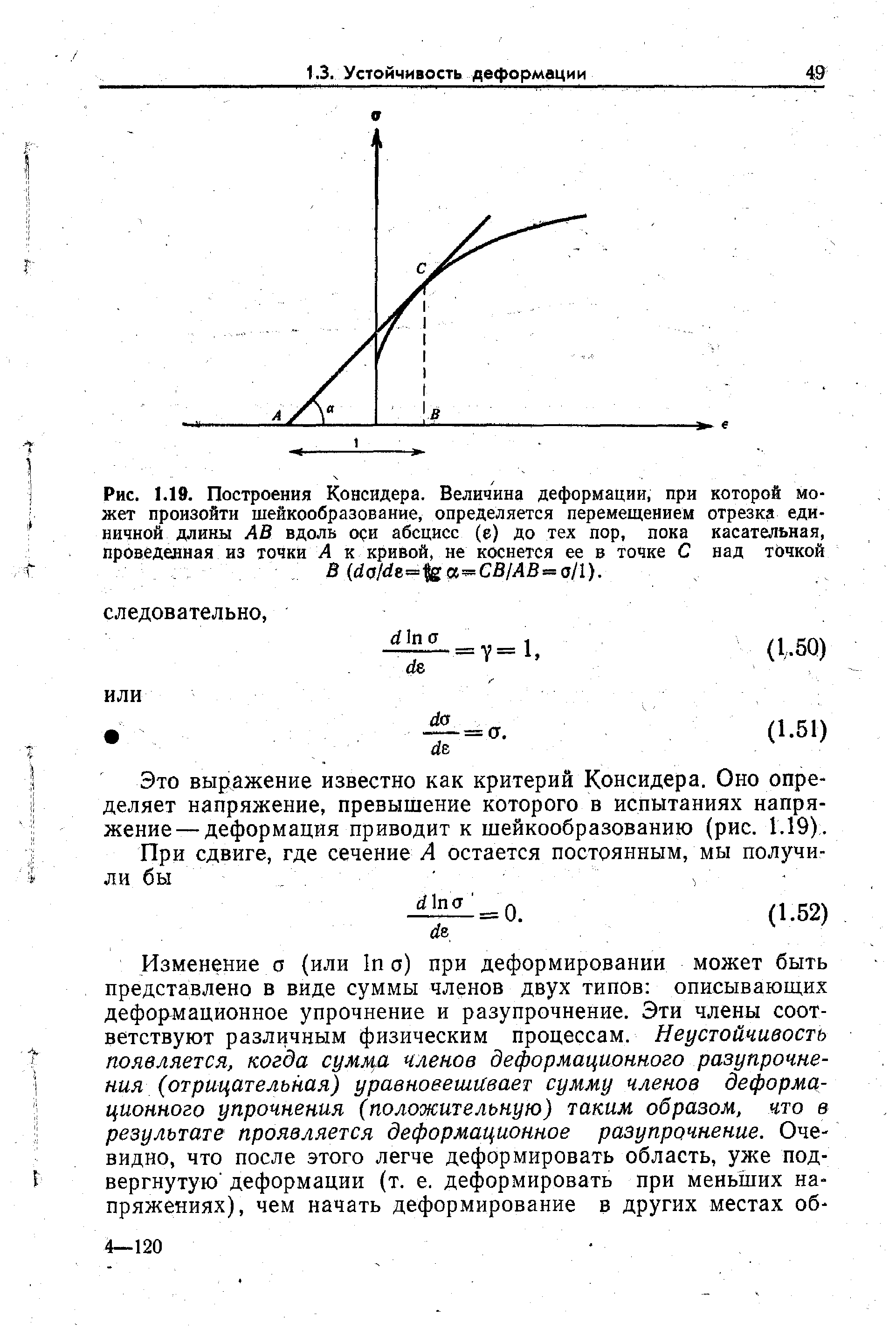 Рис. 1.19. Построения Консидера. Величина деформации, при которой может произойти шейкообразование, определяется перемещением отрезка единичной длины АВ вдоль ори абсцисс (е) до тех пор, пока касательная, проведенная из точки А к кривой, не коснется ее в точке С над точкой
