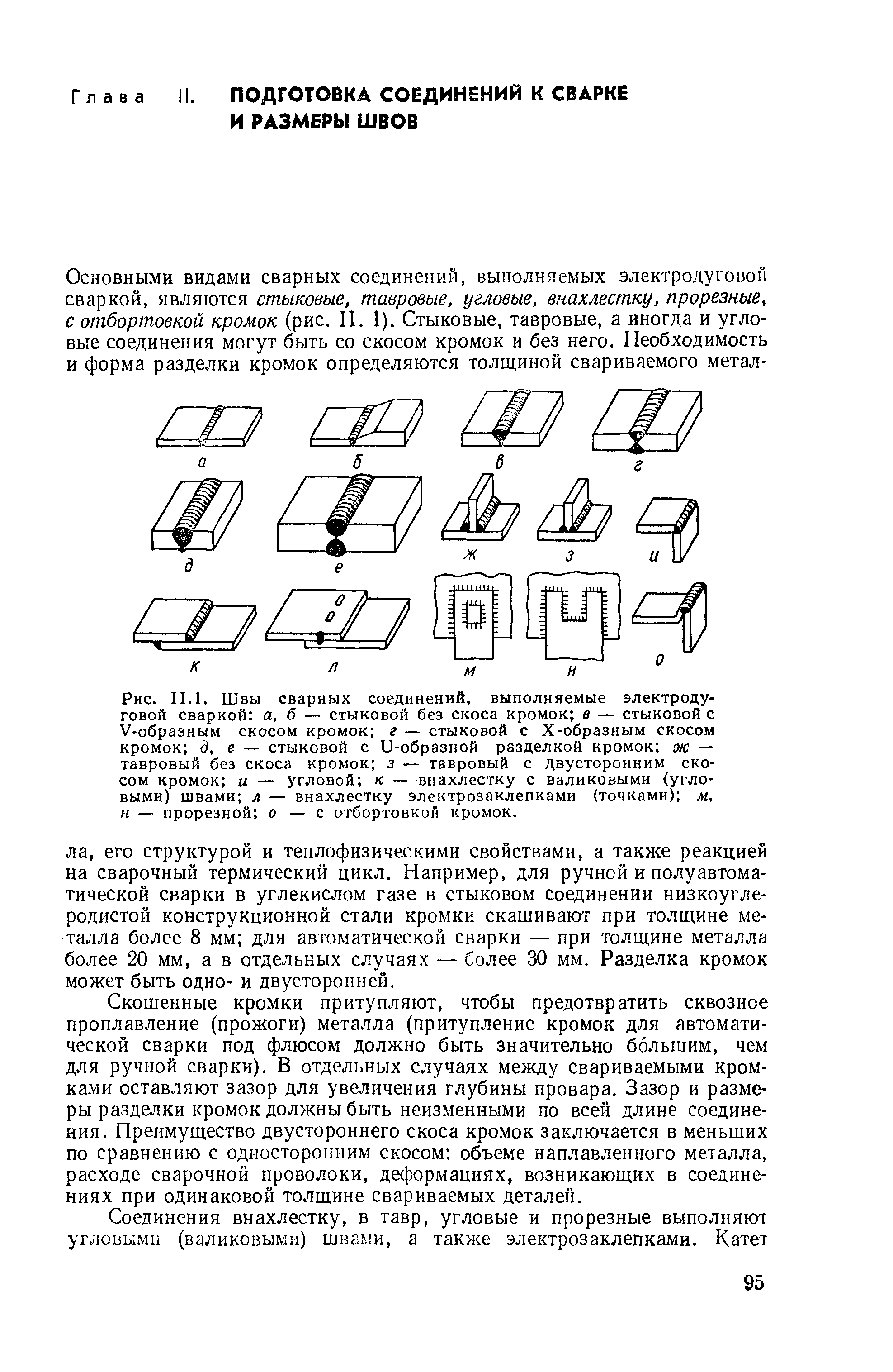 Рис. 11.1. Швы <a href="/info/2408">сварных соединений</a>, выполняемые <a href="/info/69491">электродуговой сваркой</a> а, б — стыковой без скоса кромок в — стыковой с У-образным скосом кромок г — стыковой с Х-образным скосом кромок д, е — стыковой с и-образной разделкой кромок ж — тавровый без скоса кромок з — тавровый с двусторонним скосом кромок и — угловой к — внахлестку с валиковыми (угловыми) швами л — внахлестку электрозаклепками (точками) м, н — прорезной о — с отбортовкой кромок.
