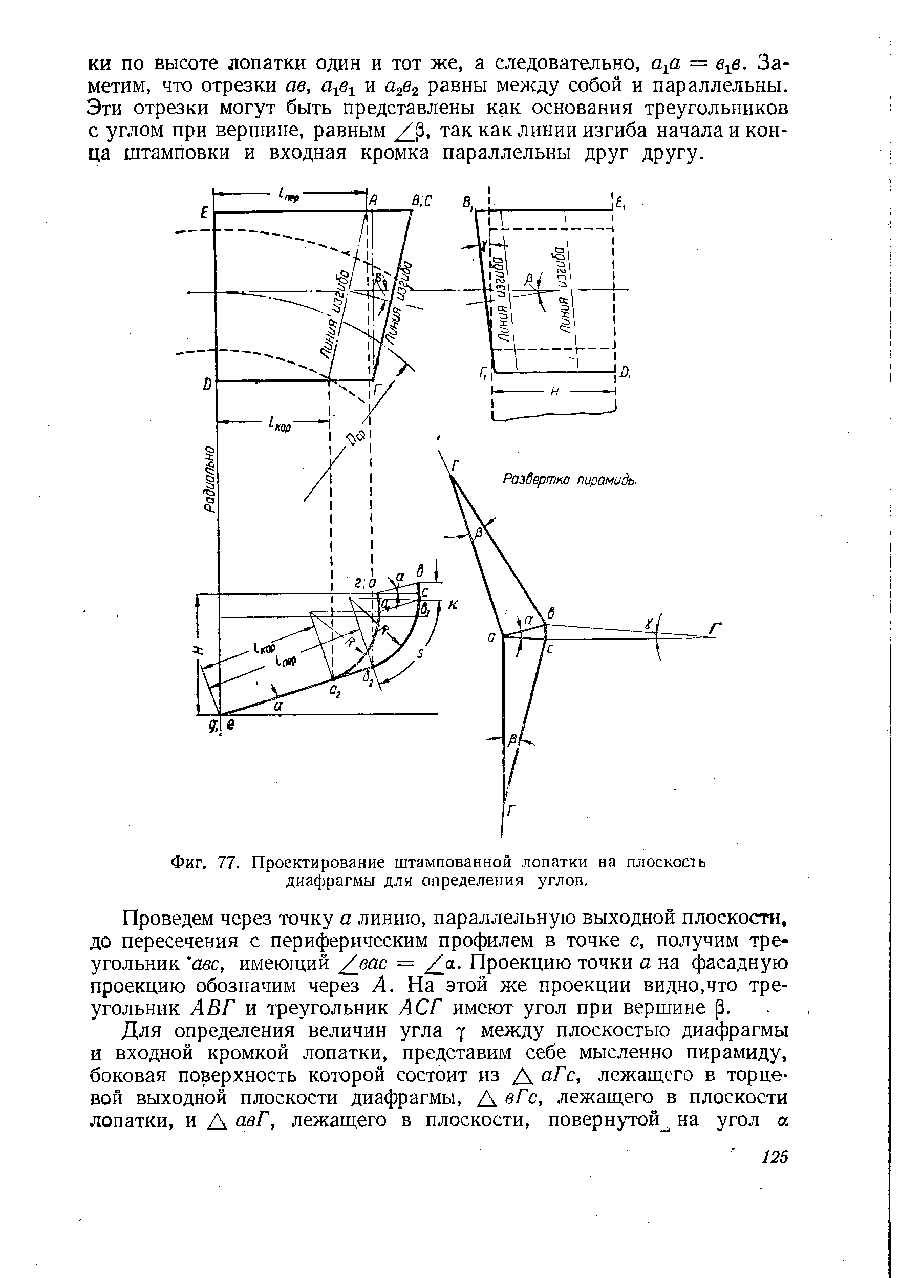 Фиг. 77. Проектирование штампованной лопатки на плоскость диафрагмы для определения углов.
