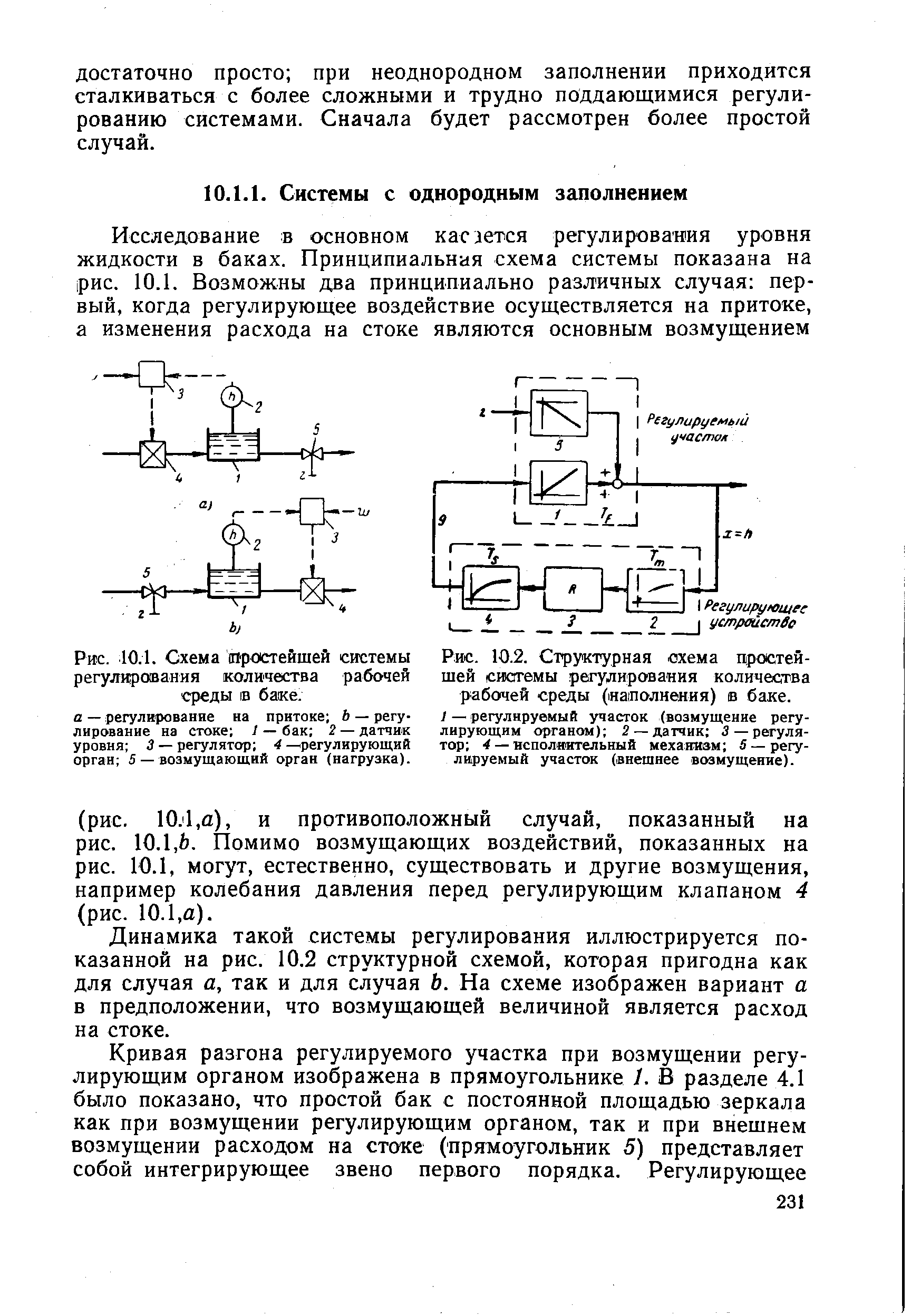 Динамика такой системы регулирования иллюстрируется показанной на рис. 10.2 структурной схемой, которая пригодна как для случая а, так и для случая Ь. На схеме изображен вариант а в предположении, что возмущающей величиной является расход на стоке.
