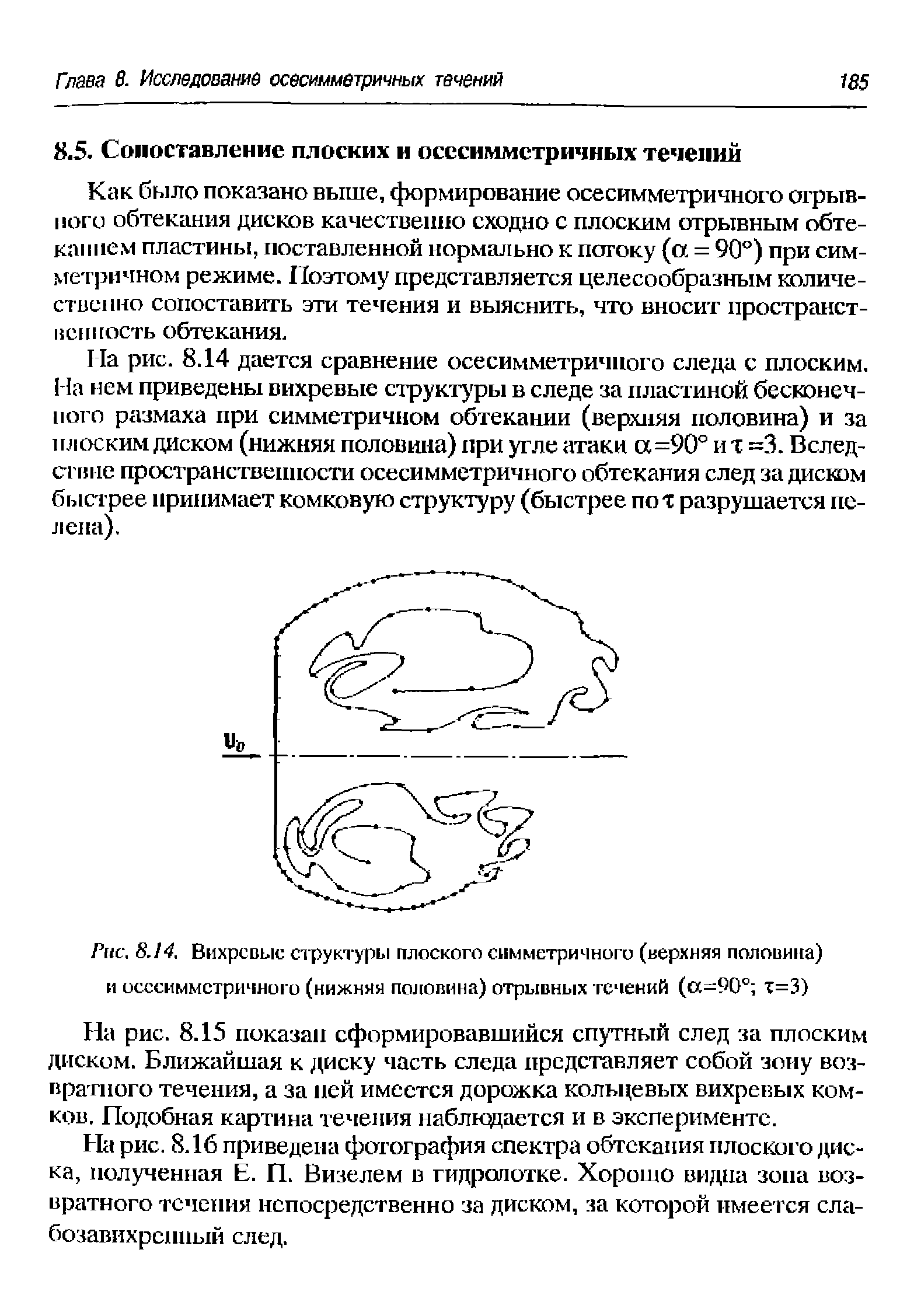 Иа рис. 8.15 показан сформировавшийся спутный след за плоским диском. Ближайшая к диску часть следа представляет собой зону возвратного течения, а за ней имеется дорожка кольцевых вихревых ком-К013. Подобная картина течения наблюдается и в эксперименте.
