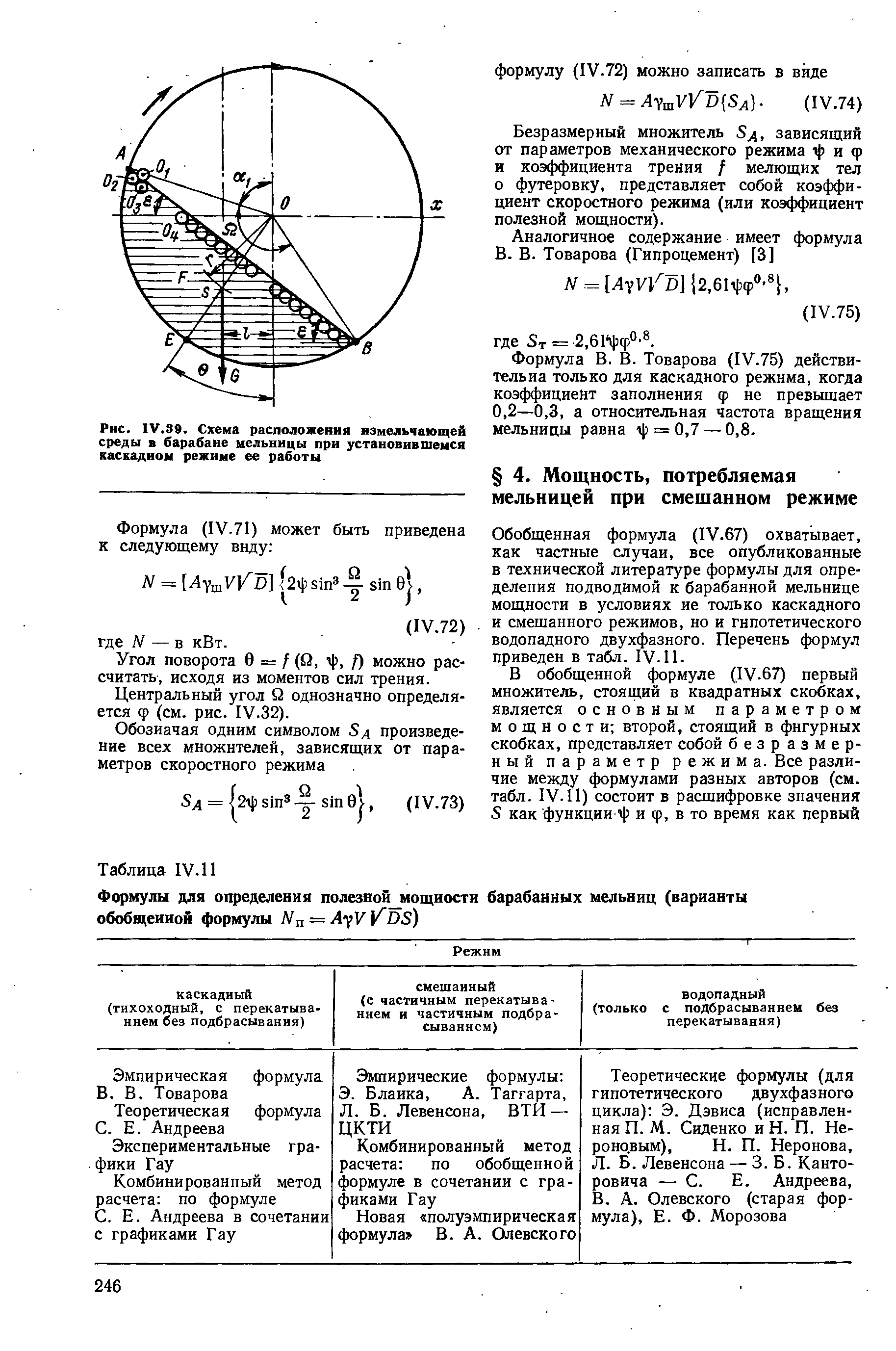 Обобщенная формула (IV.67) охватывает, как частные случаи, все опубликованные в технической литературе формулы для определения подводимой к барабанной мельнице мощности в условиях не только каскадного и смешанного режимов, но и гипотетического водопадного двухфазного. Перечень формул приведен в табл. IV-П.
