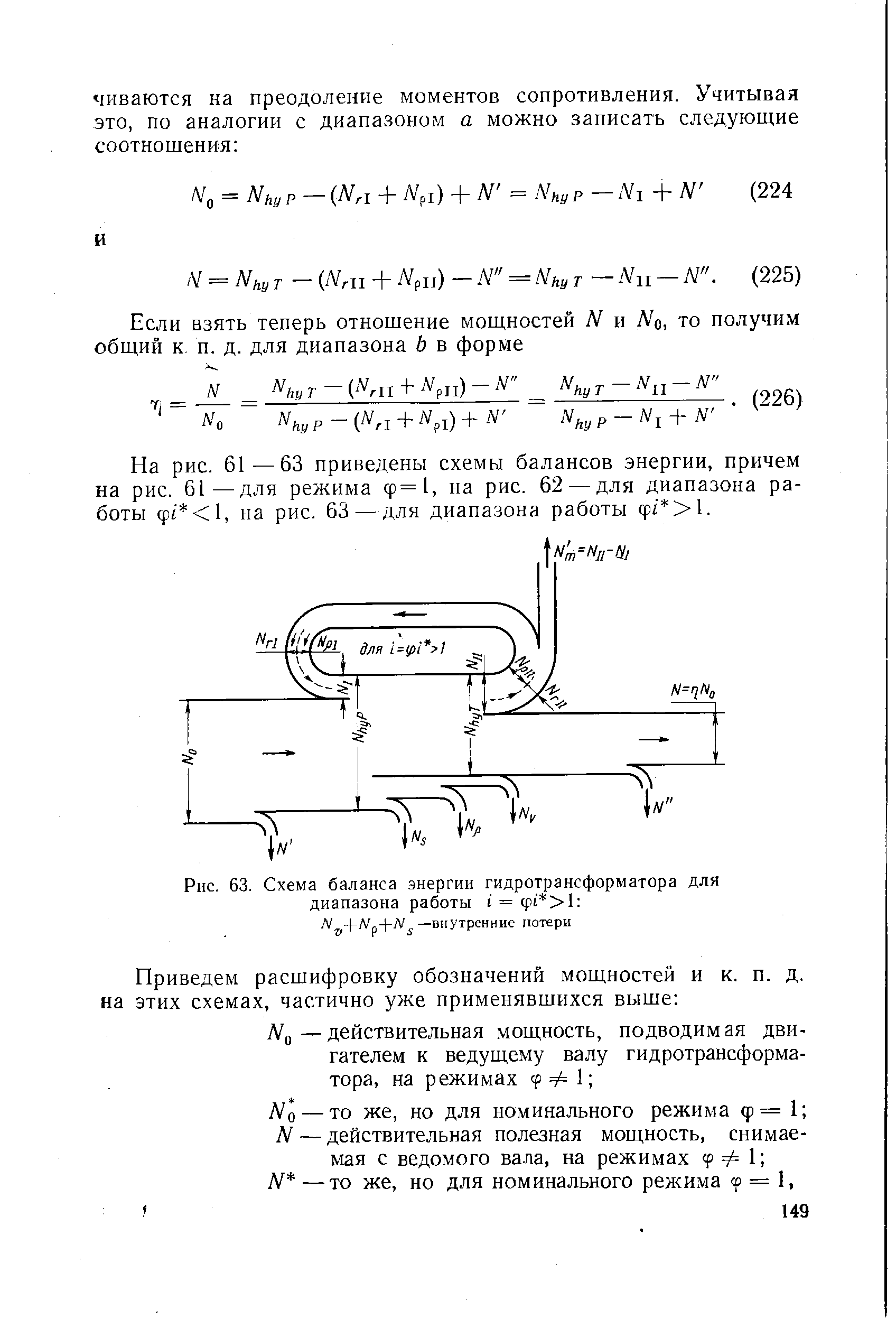 Рис. 63. Схема <a href="/info/7146">баланса энергии</a> гидротрансформатора для диапазона работы 1 = ф1 >1 
