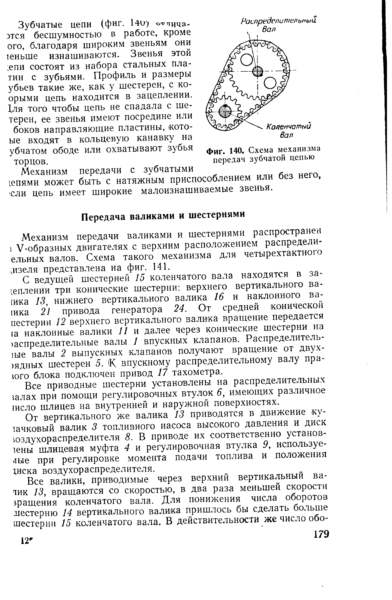 Механизм передачи валиками и шестернями распространен У-образных двигателях с верхним расположением распредели-ельных валов. Схема такого механизма для четырехтактного 1изеля представлена на фиг. 141.
